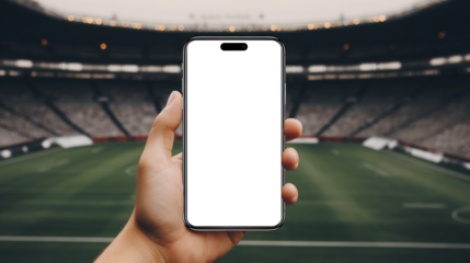 mockup image of smartphone with blank transparent screen, in hand by the football stadium with stands environment furnishings. For betting and sports fans apps and websites marketing and advertising p