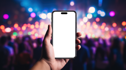 mockup image of smartphone with blank transparent screen, in hand by rave party with many people in the club environment furnishings. For entertainment and events leisure apps and websites marketing a
