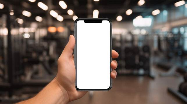 UI UX mockup image of smartphone with blank transparent screen, in hand by the gym with exercise equipment environment furnishings. For fitness apps and websites marketing and advertising presentation