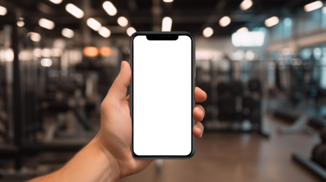 UI UX mockup image of smartphone with blank transparent screen, in hand by the gym with exercise equipment environment furnishings. For fitness apps and websites marketing and advertising presentation - Powered by Adobe