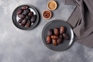 Dates on top of plates on top of clean concrete table