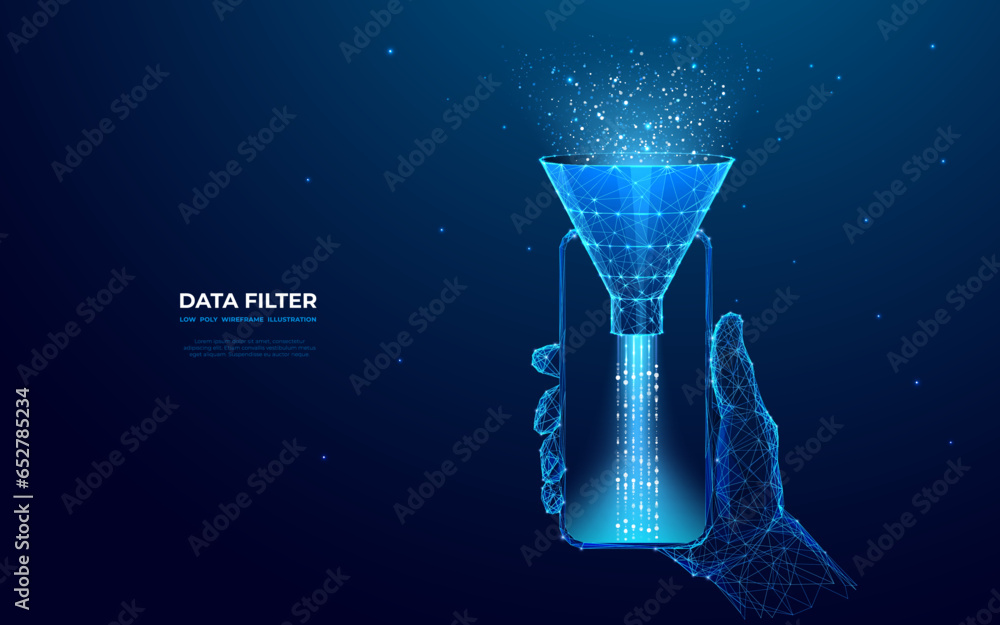 Poster Digital Sales Funnel on a phone screen in a human hand. Big Data Concept on Technological Background. Abstract Data Flow and Filter. Low Poly Wireframe Vector Illustration in futuristic style.