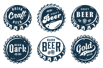 Monochrome beer cap vector set for design of brew beer in a brewery. The collection of metal corks for logos of craft brewing