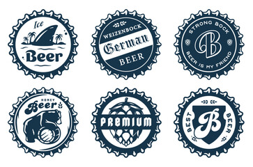 Monochrome beer cap vector set for design of brew beer in a brewery. The collection of metal corks for logos of craft brewing