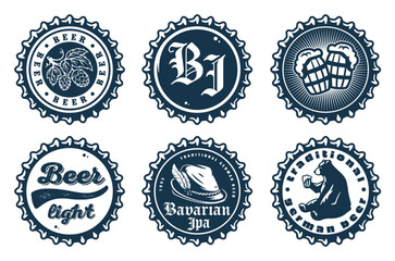 Monochrome beer cap vector set for design of brew beer in a brewery. The collection of metal corks for logos of craft brewing