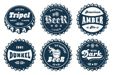 Fototapeta na wymiar Monochrome beer cap vector set for design of brew beer in a brewery. The collection of metal corks for logos of craft brewing