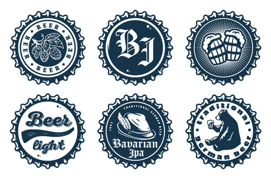 Monochrome beer cap vector set for design of brew beer in a brewery. The collection of metal corks for logos of craft brewing