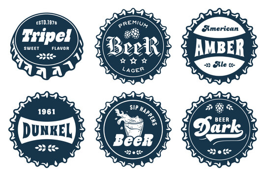Monochrome beer cap vector set for design of brew beer in a brewery. The collection of metal corks for logos of craft brewing