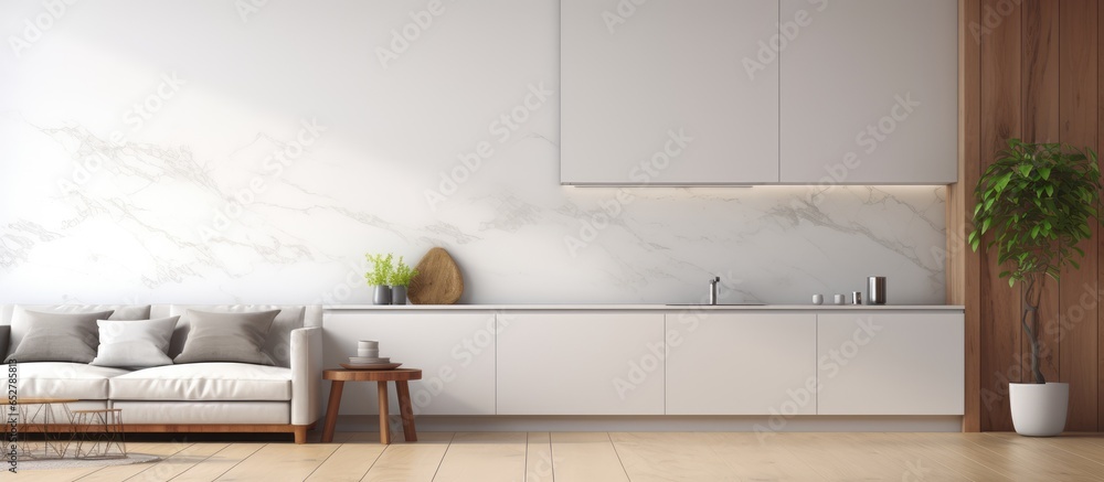 Poster contemporary minimalistic interior design with a white color scheme and various elements such as a k
