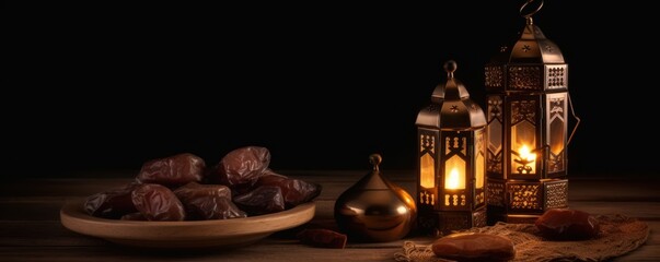 Lantern and dates setup for greeting ramadan or eid