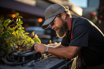 HVAC technician servicing an air conditioning system, Generative AI