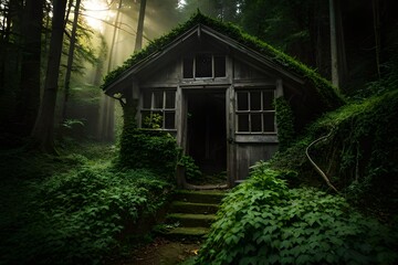 A mysterious haunted house nestled deep within a dense, ancient forest, illuminated by the eerie glow of a full moon, its timeworn walls covered in creeping ivy and shattered windows