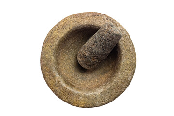 Top view of empty rock mortar and pestle isolated on white background with clipping path. - obrazy, fototapety, plakaty
