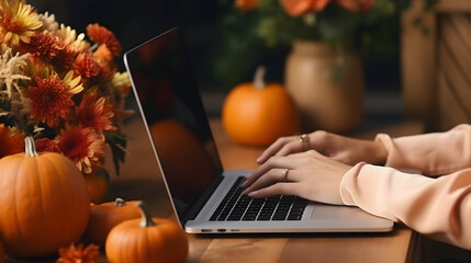 Woman typing on laptop in Autumn. Autumn pumpkins decoration on the table