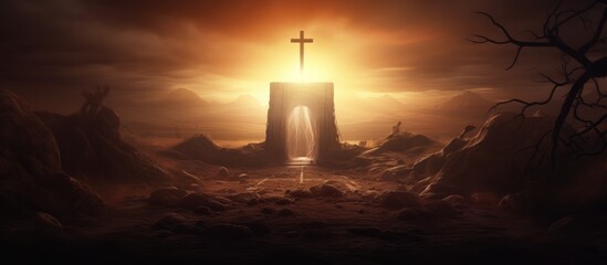 Empty tomb with crucifixion illuminated by sunrise is the resurrection light - obrazy, fototapety, plakaty