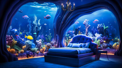 Underwater-themed children's room with fish decals and blue lighting