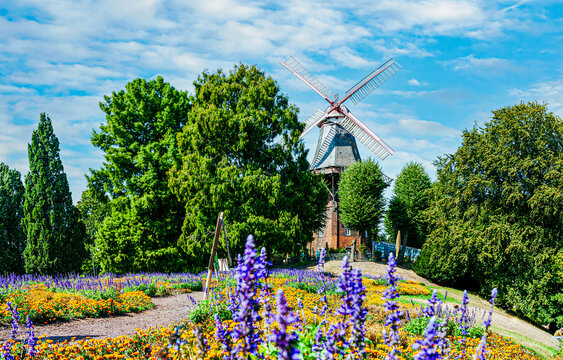 Travel Destination, Herdentorsmühle monument in Bremen. Mühle am Wall. Old windmill in a public park. Windmill in the ramparts, wall of the city of Free Hanseatic City of  Bremen, Germany, Europa