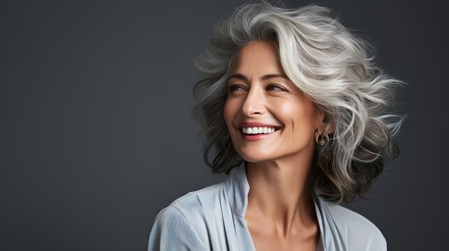 Elderly woman with gray hair is laughing and smiling, mature old lady with healthy face ans skin and white teeth