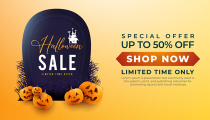 Happy halloween sale banner background with with big tombstone and pumpkins on yellow background