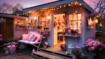 Cozy she-shed with pastel tones, lace, and crafting tables.