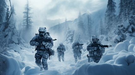 military on the background of war, winter - obrazy, fototapety, plakaty