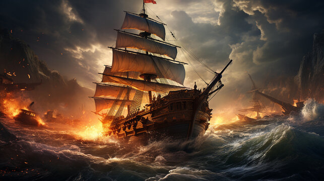 Pirate ship at the open sea at the sunset