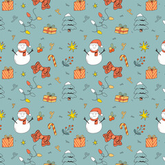 Christmas seamless patterns. Berry, gift box, lights and floral background for wrapping paper and other Christmas design. Sparkling festive wallpaper for New Year celebrations.