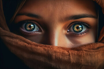 Respect for god, traditional in Islamic religion. Close up portrait of a beautiful arabic religious female mysterious eyes eastern woman with face covered with shawl or scarf. 