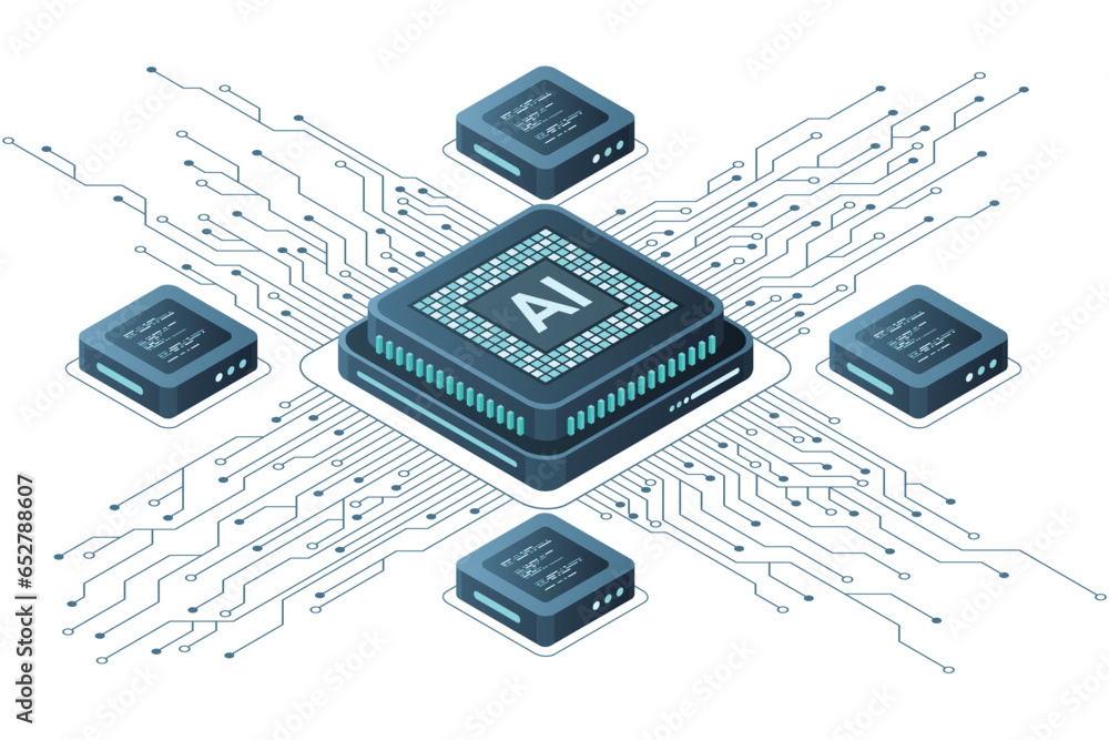 Poster isometric artificial intelligence chip concept. artificial intelligence concept. futuristic microchi