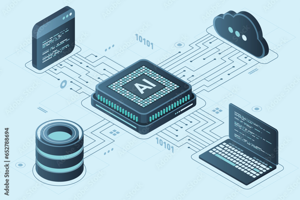 Poster isometric artificial intelligence chip concept. artificial intelligence server. futuristic microchip