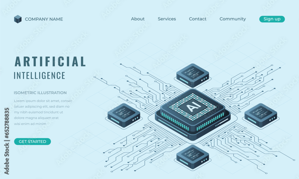 Poster isometric artificial intelligence landing page concept. machine learning technology. digital technol