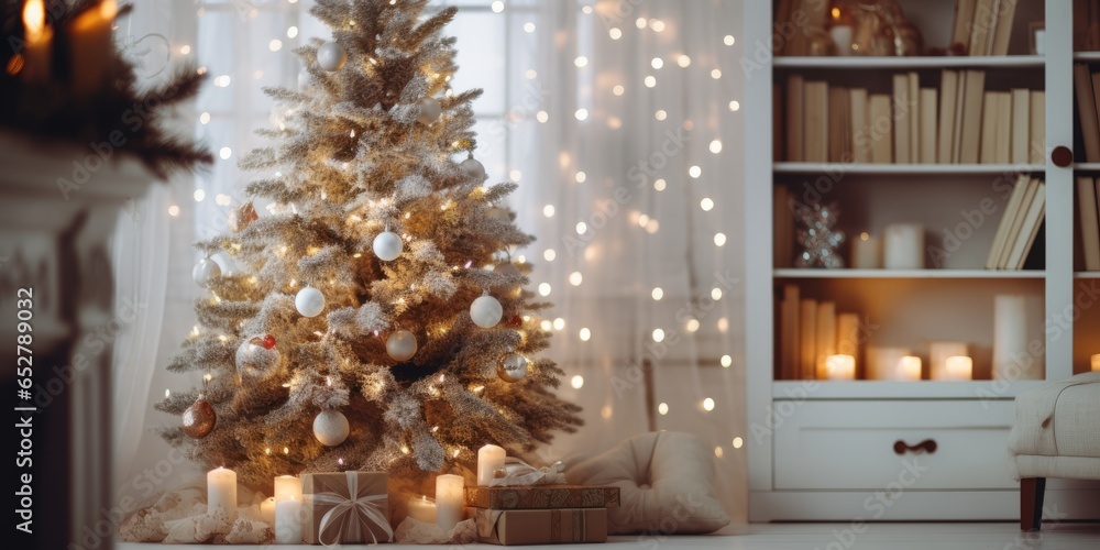 Poster cosy bright home with christmas tree. beautiful bokeh copy space for text