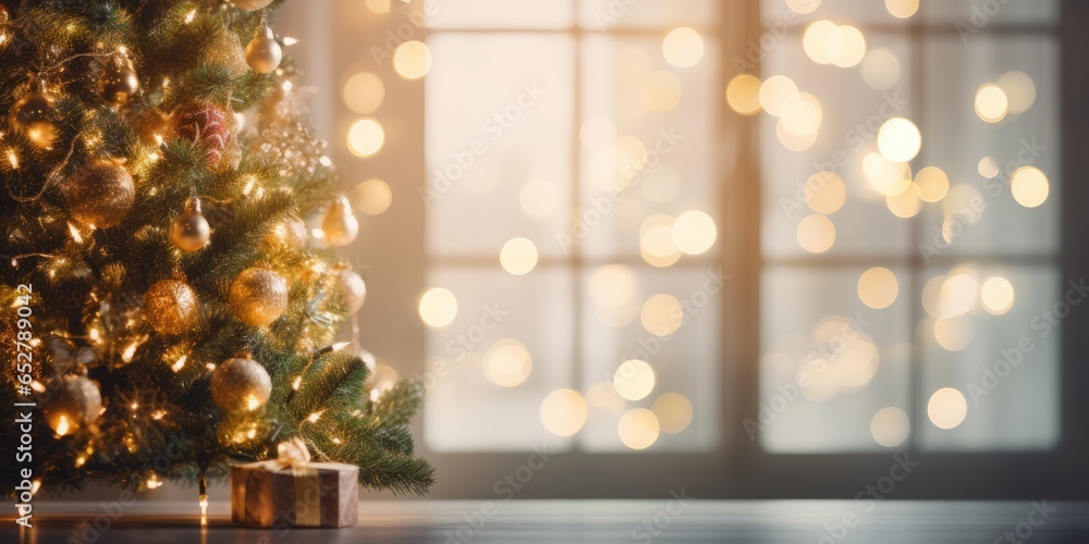 Poster cosy bright home with christmas tree. beautiful bokeh copy space for text