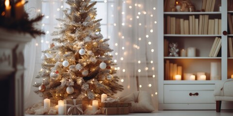 Cosy bright home with Christmas tree. Beautiful bokeh copy space for text