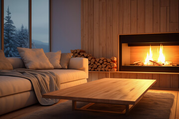 luxury modern fireplace at minimalist living room house in background of winter. Vacation and holidays family concept.