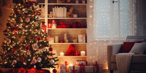 Cosy bright home with Christmas tree. Beautiful bokeh copy space for text