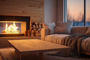 luxury modern fireplace at minimalist living room house in background of winter. Vacation and holidays family concept.