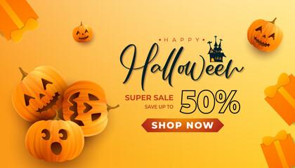 Happy halloween horizontal sale banner for promotion with realistic pumpkins and gift box on yellow background