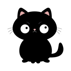 Black cat sitting. Sad face head silhouette icon. Funny kawaii doodle animal. Cute cartoon funny baby pet character. Round eyes, pink ears. Black sticker print. Flat design. White background. Isolated