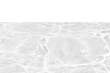 Fototapeta na wymiar Defocus blurred transparent white colored clear calm water surface texture with splashes reflection. Trendy abstract nature background. Water waves in sunlight with copy space. Blue watercolor shine.