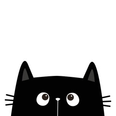Cat face head silhouette looking up. Cartoon character. Cute kawaii black kitten animal. Baby card. Pet collection. Sticker print. Flat design. White background.