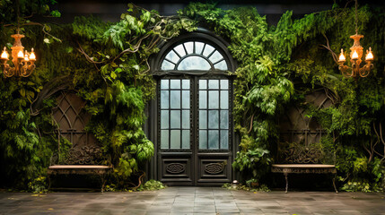 Fototapeta na wymiar Secret garden patio with hidden doors, ivy walls, and wrought iron gates.