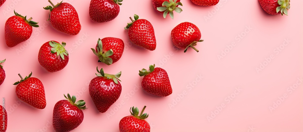 Poster minimalistic strawberry pattern on pink background creative food concept flat lay with copy space to