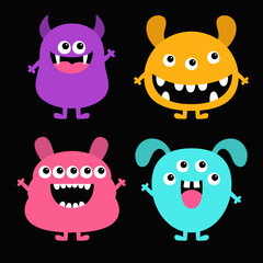 Happy Halloween. Monster set. Colorful smiling monsters. Cartoon kawaii funny boo character. Cute face head. Childish baby collection. Sticker print. Flat design. Black background.