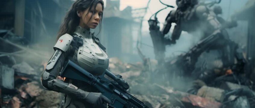 Portrait of sci-fi female soldier in futuristic amour standing in apocalyptic scene of destroyed after war city with debris, smoke and fire. Anamorphic 4k footage