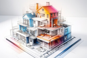 Multi-storey house exterior, volumetric watercolor architectural sketch illustration design