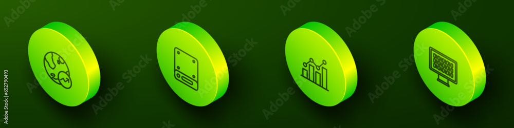 Sticker Set Isometric line Financial growth, Server, Pie chart infographic and Binary code icon. Vector