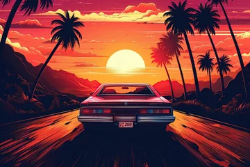 Fotobehang Car on the road at sunset. Pop art illustration poster design. Generative Ai © ArtmediaworX