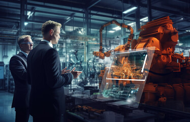 Project manager and automotive engineer discussing task over hologram virtual display at modern futuristic car factory. Automated robot arm assembly line manufacturing.