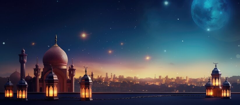 Arabic style border and lanterns on a realistic night view background for Ramadan Kareem